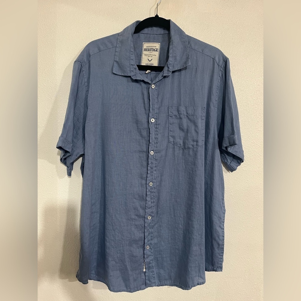 Heritage report collection, 100% linen XL button down shirt, blue
